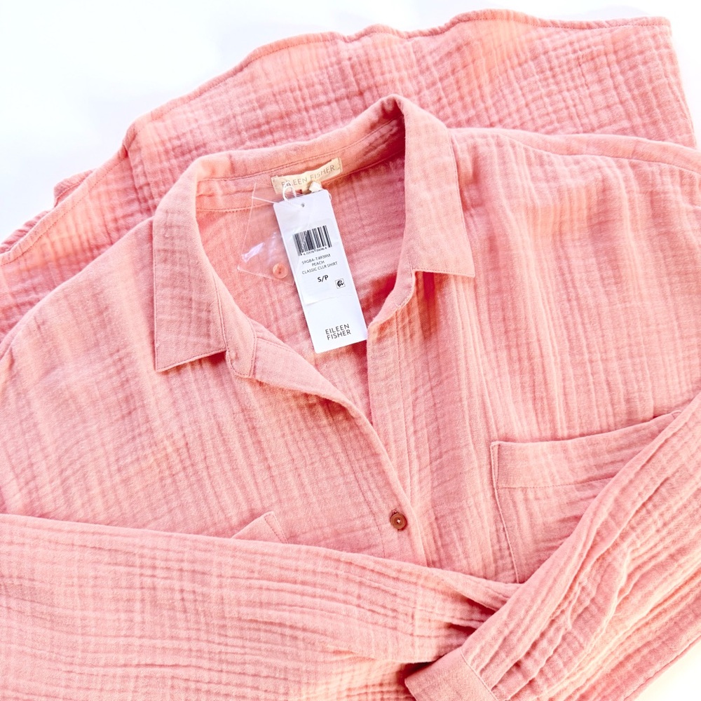 NWT Eileen Fisher Organic Cotton Lofty Gauze Classic Collar Button Shirt Peach S - Picture 4 of 15